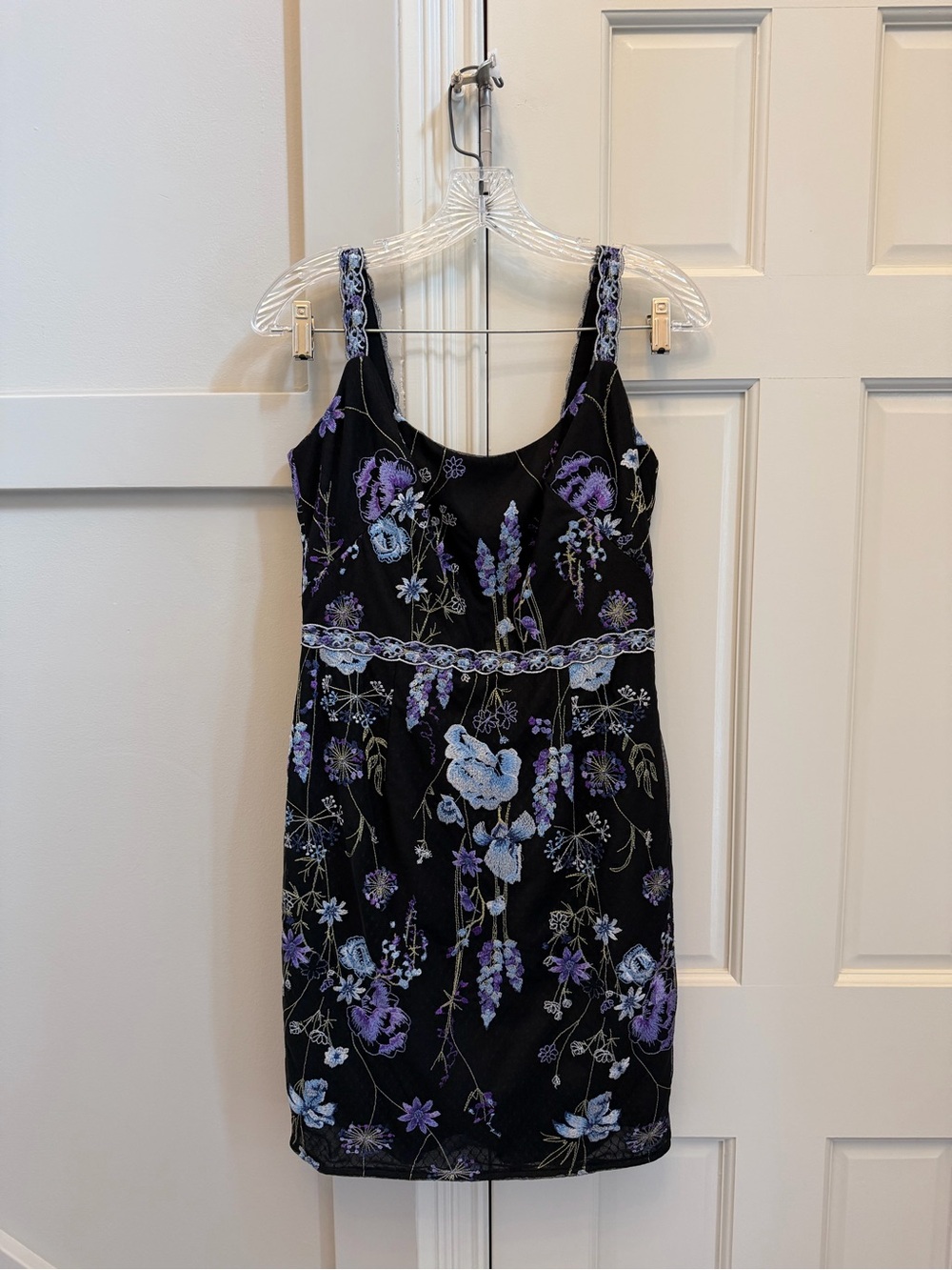 Fabulous Marchesa Notte Black Mini Dress with Purple & Blue Floral Embroidery
